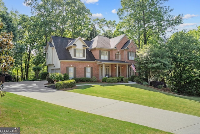 view of front of home with brick siding and a front yard