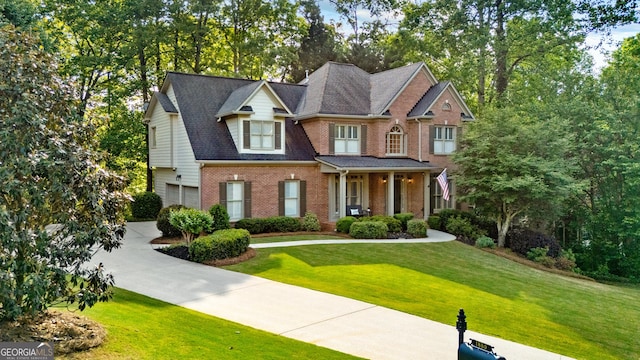 view of front of house featuring concrete driveway, brick siding, a front yard, and a garage