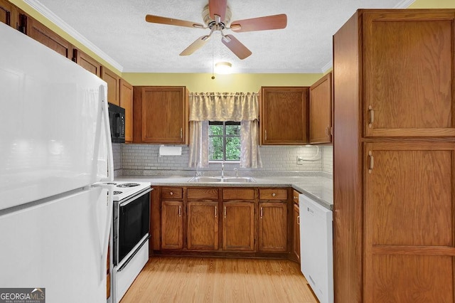 kitchen featuring white appliances, a sink, brown cabinets, light countertops, and light wood-style flooring