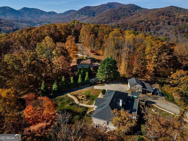 aerial view featuring a view of trees and a mountain view