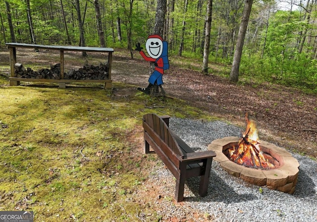 view of property's community featuring a fire pit and a wooded view