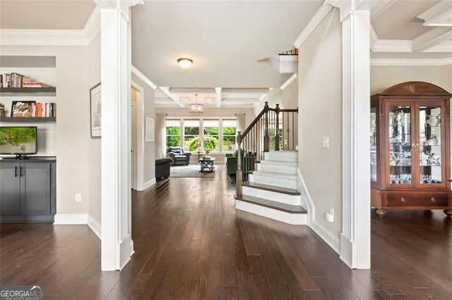 entrance foyer featuring stairs, baseboards, dark wood-type flooring, ornate columns, and coffered ceiling