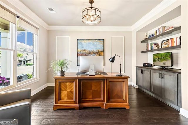 office space featuring visible vents, plenty of natural light, and dark wood-type flooring