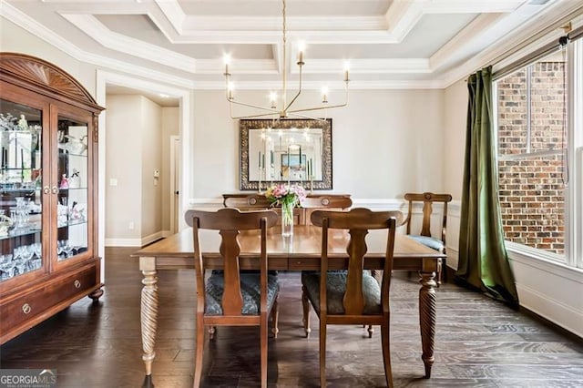 dining room with crown molding, baseboards, coffered ceiling, dark wood finished floors, and a notable chandelier