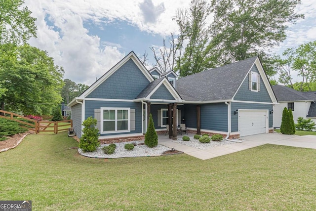 21 E Field St, Newnan, GA 30263 - craftsman-style home with fence, covered porch, a front yard, roof with shingles, and concrete driveway