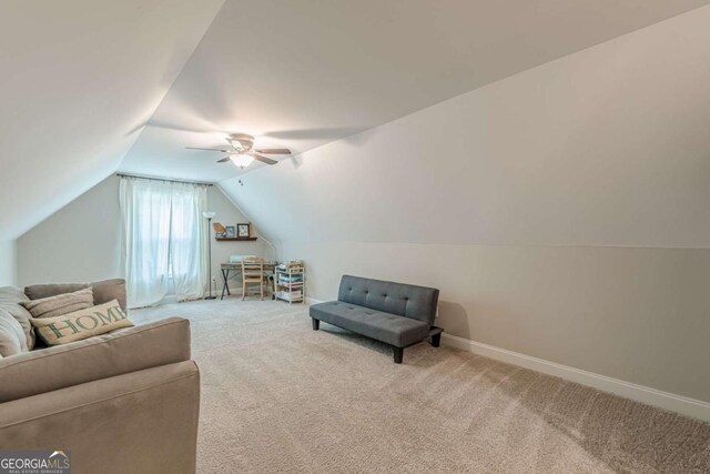 21 E Field St, Newnan, GA 30263 - sitting room featuring carpet flooring, a ceiling fan, baseboards, and vaulted ceiling