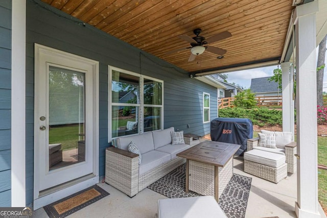 21 E Field St, Newnan, GA 30263 - view of patio with area for grilling, a ceiling fan, and an outdoor hangout area