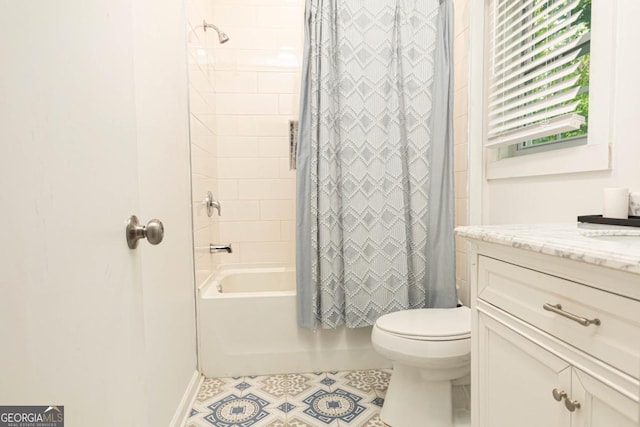 398 NW Wester Blvd, Atlanta, GA 30314 - full bathroom with vanity, shower / tub combo with curtain, toilet, baseboards, and tile patterned floors