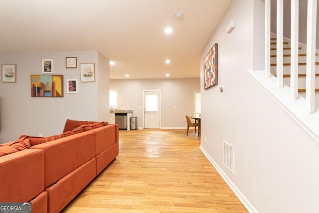 398 NW Wester Blvd, Atlanta, GA 30314 - living area with visible vents, stairs, baseboards, light wood-type flooring, and recessed lighting