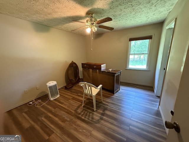 7260 Cox Rd, Cumming, GA 30028 - office with a textured ceiling, ceiling fan, dark wood finished floors, and baseboards
