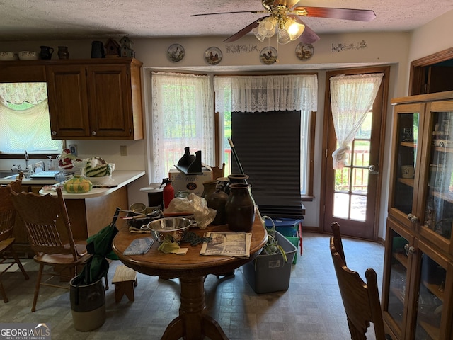 7260 Cox Rd, Cumming, GA 30028 - dining space featuring a textured ceiling, ceiling fan, and a healthy amount of sunlight