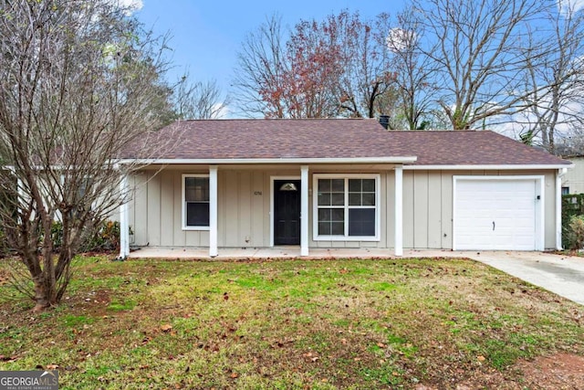 1056 Park W Ct, Stone Mountain, GA 30088 - ranch-style home featuring board and batten siding, covered porch, roof with shingles, a front lawn, and an attached garage