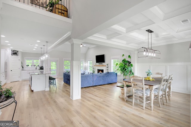 34 Oakleigh Trl, Newnan, GA 30265 - dining area with visible vents, recessed lighting, light wood-style floors, and beamed ceiling