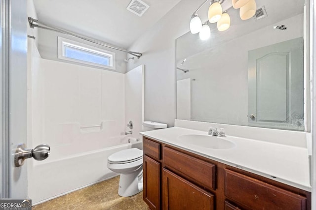 bathroom featuring vanity, shower / bathtub combination, toilet, and visible vents