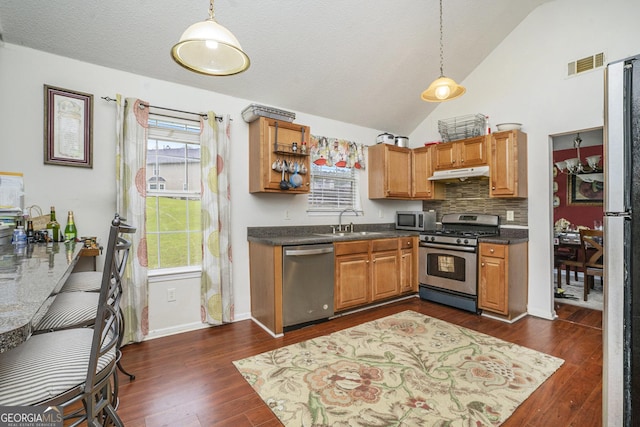 436 Berkshire Pl, Fairburn, GA 30213 - kitchen featuring stainless steel appliances, under cabinet range hood, dark countertops, a sink, and high vaulted ceiling
