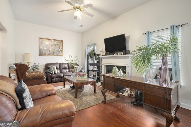 436 Berkshire Pl, Fairburn, GA 30213 - living area featuring a ceiling fan, plenty of natural light, wood finished floors, and an office area