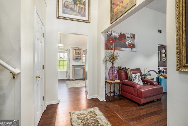 436 Berkshire Pl, Fairburn, GA 30213 - entrance foyer with a high ceiling, dark wood-style flooring, and baseboards