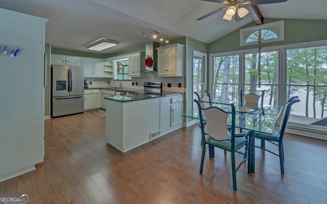 119 Ridgemore Cir, Toccoa, GA 30577 - kitchen with appliances with stainless steel finishes, a sink, a peninsula, wall chimney range hood, and a ceiling fan
