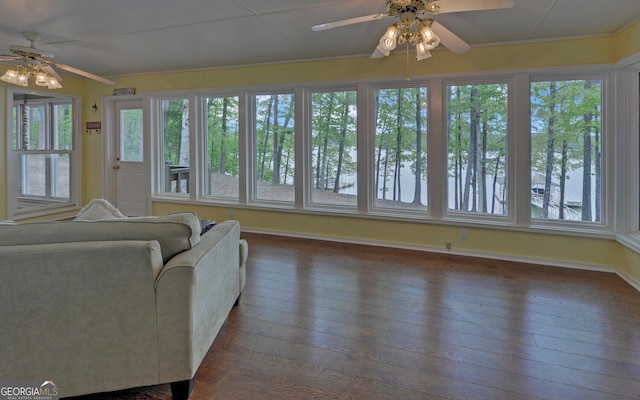 119 Ridgemore Cir, Toccoa, GA 30577 - living area featuring a ceiling fan, plenty of natural light, dark wood-style floors, and crown molding