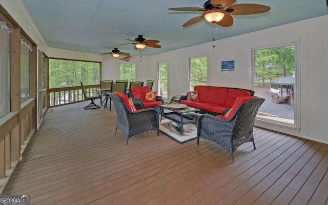 119 Ridgemore Cir, Toccoa, GA 30577 - sunroom with an outdoor hangout area, a ceiling fan, and plenty of natural light