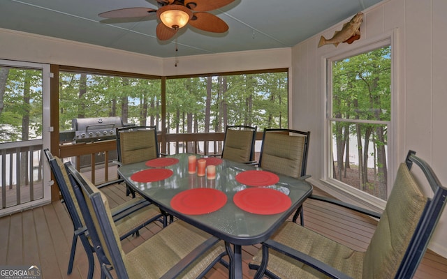 119 Ridgemore Cir, Toccoa, GA 30577 - sunroom featuring ceiling fan, outdoor dining space, and healthy amount of natural light