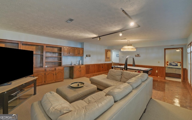 119 Ridgemore Cir, Toccoa, GA 30577 - living room featuring a wainscoted wall, wooden walls, track lighting, and a textured ceiling