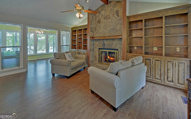 119 Ridgemore Cir, Toccoa, GA 30577 - living area with ceiling fan, a fireplace, beamed ceiling, wood finished floors, and built in features