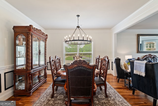 721 Paint Horse Dr, Canton, GA 30115 - dining space with a chandelier, healthy amount of natural light, dark wood finished floors, and crown molding