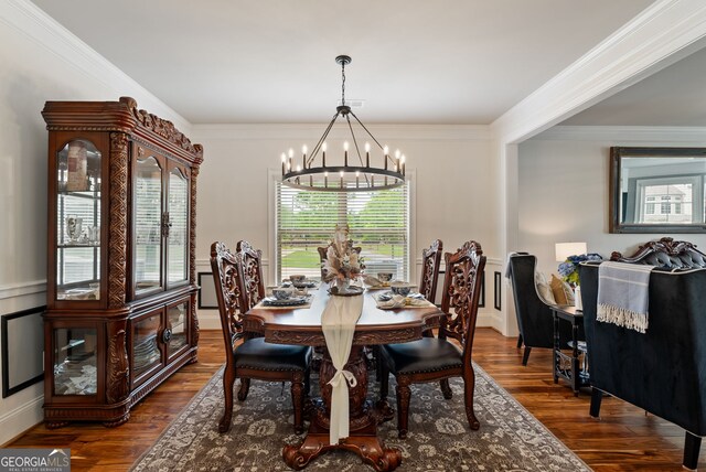 721 Paint Horse Dr, Canton, GA 30115 - dining space featuring a chandelier, dark wood-type flooring, and ornamental molding