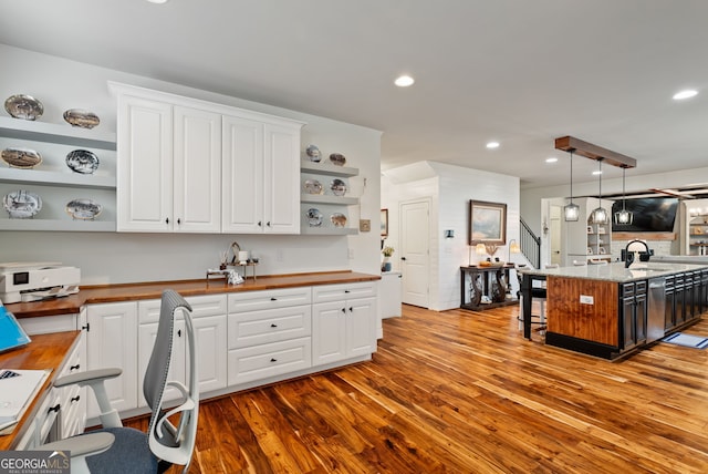 721 Paint Horse Dr, Canton, GA 30115 - kitchen with open shelves, wood counters, a sink, wood finished floors, and recessed lighting