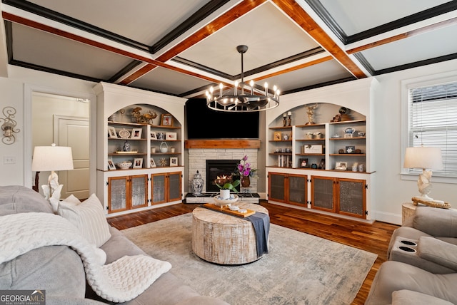 721 Paint Horse Dr, Canton, GA 30115 - living area featuring a chandelier, wood finished floors, coffered ceiling, a fireplace, and beamed ceiling