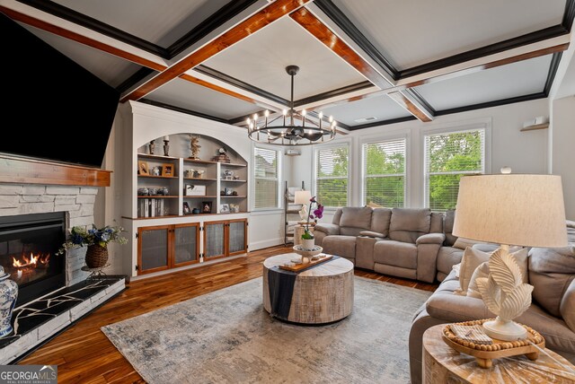 721 Paint Horse Dr, Canton, GA 30115 - living area featuring a fireplace, a chandelier, wood finished floors, healthy amount of natural light, and coffered ceiling