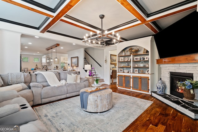 721 Paint Horse Dr, Canton, GA 30115 - living area featuring coffered ceiling, a chandelier, wood finished floors, stairway, and beamed ceiling