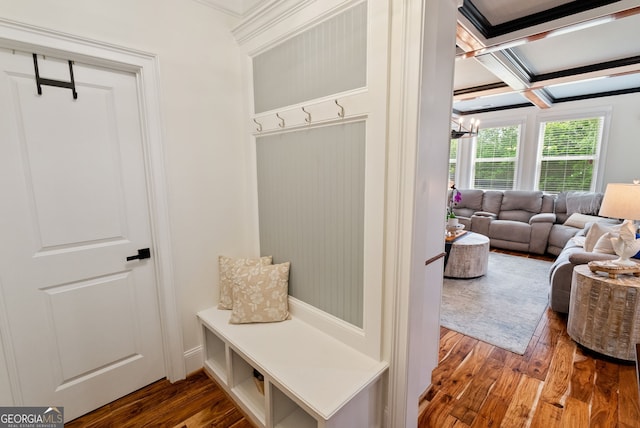 721 Paint Horse Dr, Canton, GA 30115 - mudroom featuring wood finished floors, ornamental molding, coffered ceiling, a chandelier, and beamed ceiling