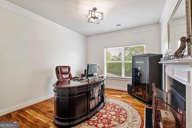 721 Paint Horse Dr, Canton, GA 30115 - office space with crown molding, baseboards, light wood-style floors, and a glass covered fireplace