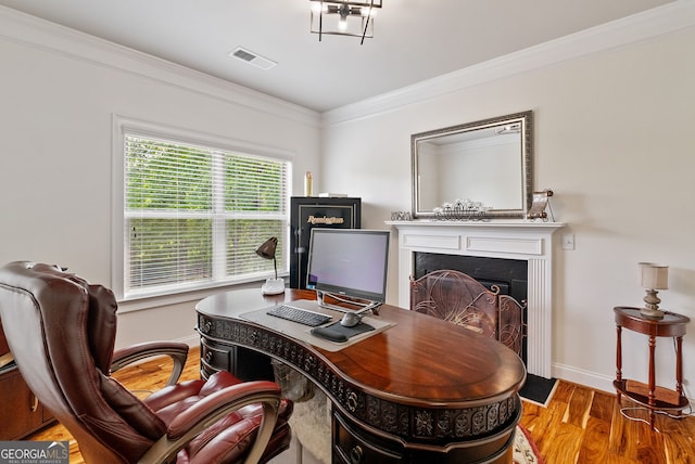 721 Paint Horse Dr, Canton, GA 30115 - home office featuring wood finished floors, a fireplace, crown molding, and baseboards