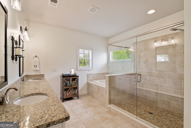 721 Paint Horse Dr, Canton, GA 30115 - full bath with a garden tub, a stall shower, tile patterned flooring, double vanity, and recessed lighting