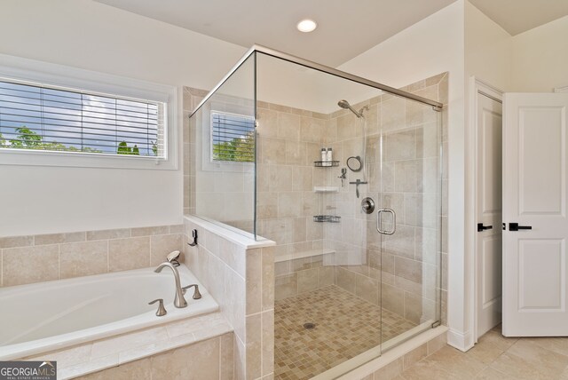 721 Paint Horse Dr, Canton, GA 30115 - bathroom with a shower stall, tile patterned flooring, a bath, and recessed lighting