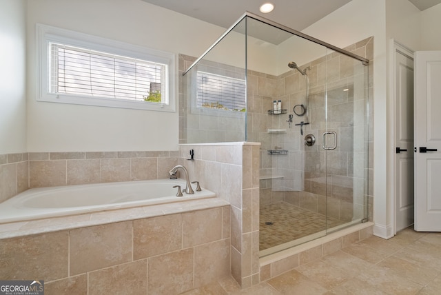 721 Paint Horse Dr, Canton, GA 30115 - bathroom with a stall shower, a bath, and tile patterned floors