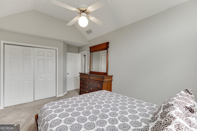 5922 Terrace Lake Pt, Flowery Branch, GA 30542 - carpeted bedroom featuring lofted ceiling, a closet, and a ceiling fan