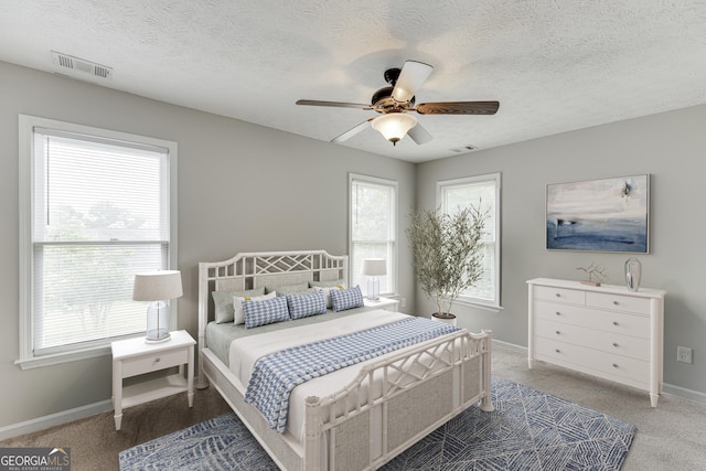 5922 Terrace Lake Pt, Flowery Branch, GA 30542 - carpeted bedroom featuring multiple windows, a textured ceiling, and ceiling fan