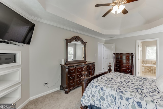 5922 Terrace Lake Pt, Flowery Branch, GA 30542 - bedroom featuring light colored carpet, a raised ceiling, ornamental molding, a ceiling fan, and ensuite bath