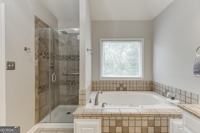 5922 Terrace Lake Pt, Flowery Branch, GA 30542 - bathroom featuring a whirlpool tub, a shower stall, tile patterned floors, and vanity