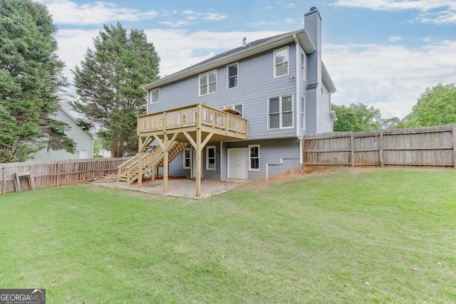 5922 Terrace Lake Pt, Flowery Branch, GA 30542 - rear view of property featuring a deck, stairway, a fenced backyard, a chimney, and a patio