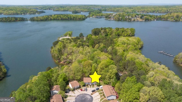 drone / aerial view with a water view and a forest view