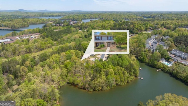 drone / aerial view with a water view and a wooded view