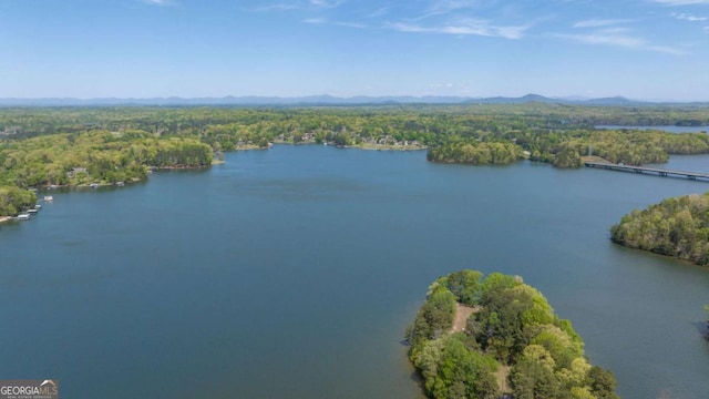 aerial view featuring a water view and a wooded view