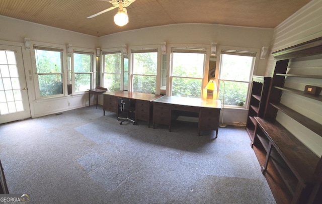 carpeted office space with plenty of natural light and ceiling fan