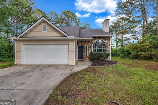60 Whispering Pine Ct, Covington, GA 30016 - view of front of home with a chimney, concrete driveway, a front lawn, a garage, and stone siding