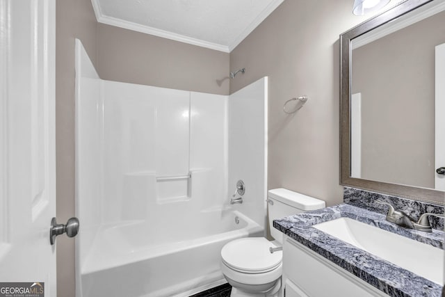 60 Whispering Pine Ct, Covington, GA 30016 - bathroom with ornamental molding, toilet, vanity, bathtub / shower combination, and a textured ceiling